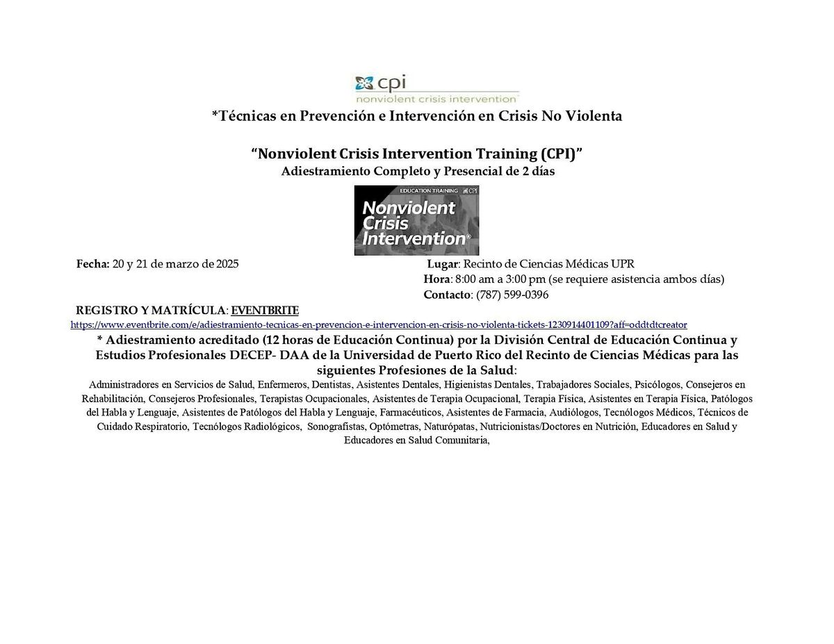 Adiestramiento T\u00e9cnicas en Prevenci\u00f3n e Intervenci\u00f3n en Crisis No Violenta