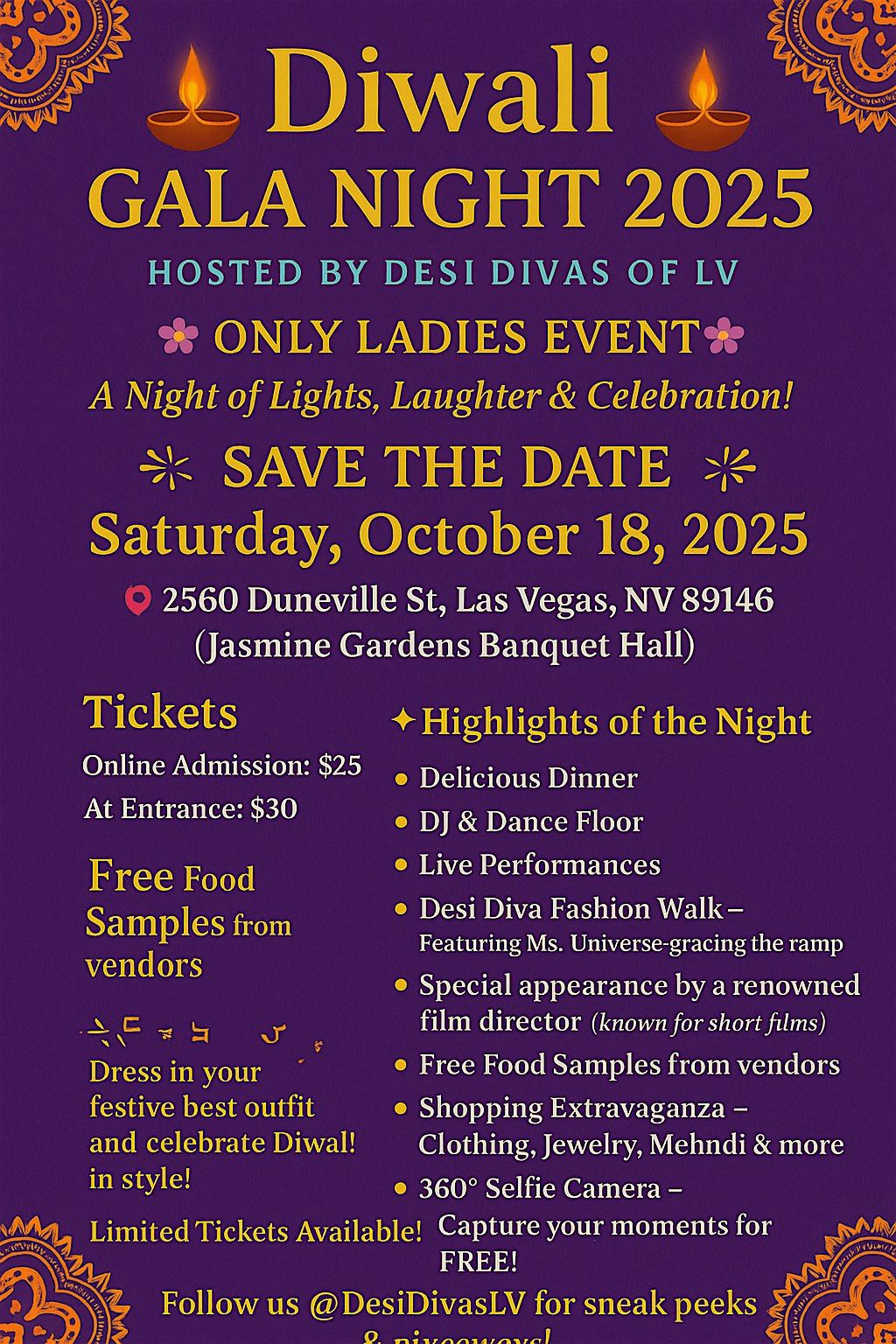 DIWALI GALA NIGHT 2025 HOSTED BY DESI DIVAS OF LV ONLY LADIES EVENT