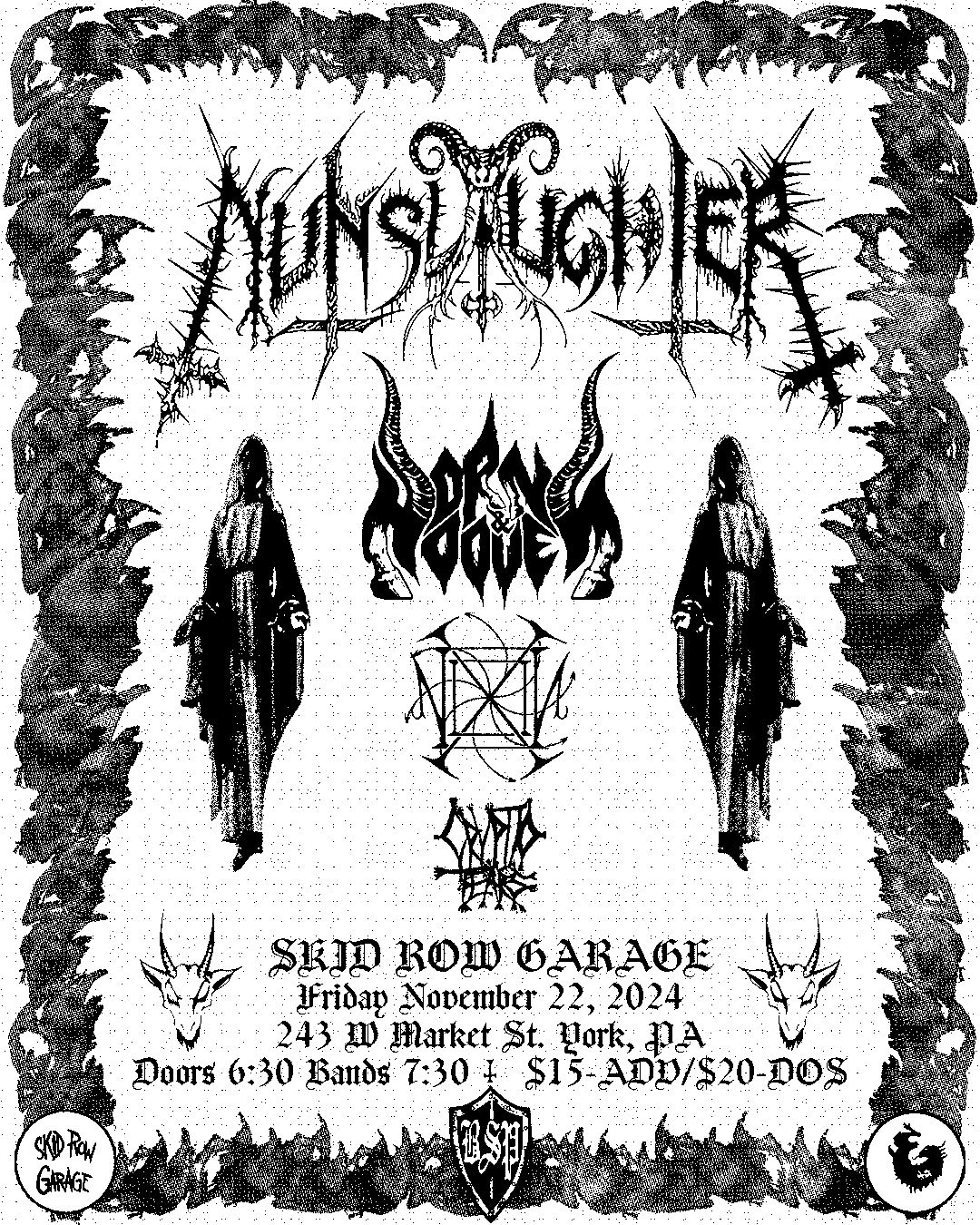 Nunslaughter, Horns & Hooves, Nixil, and Cryptid Tears at Skid Row Garage