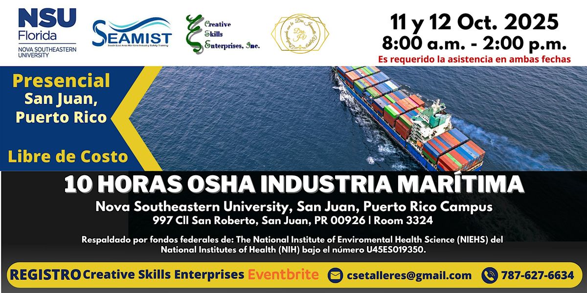 11 y 12 Oct. 10 Horas OSHA Industria Mar\u00edtima| Presencial en San Juan, PR