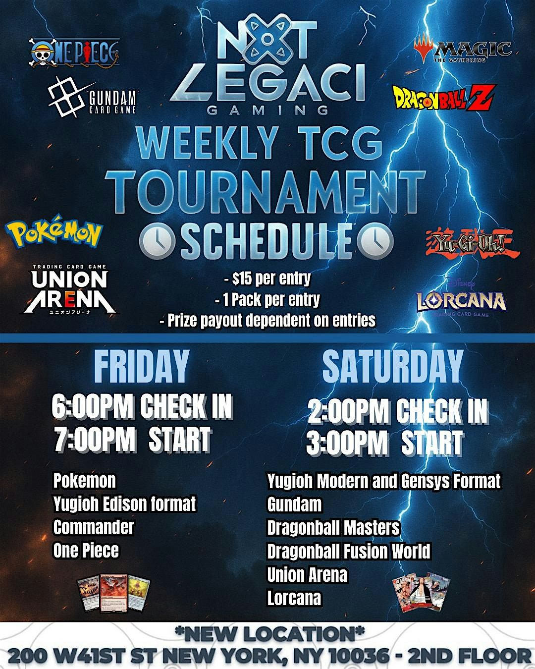 NXT Legaci Gaming Weekly TCG Tournaments