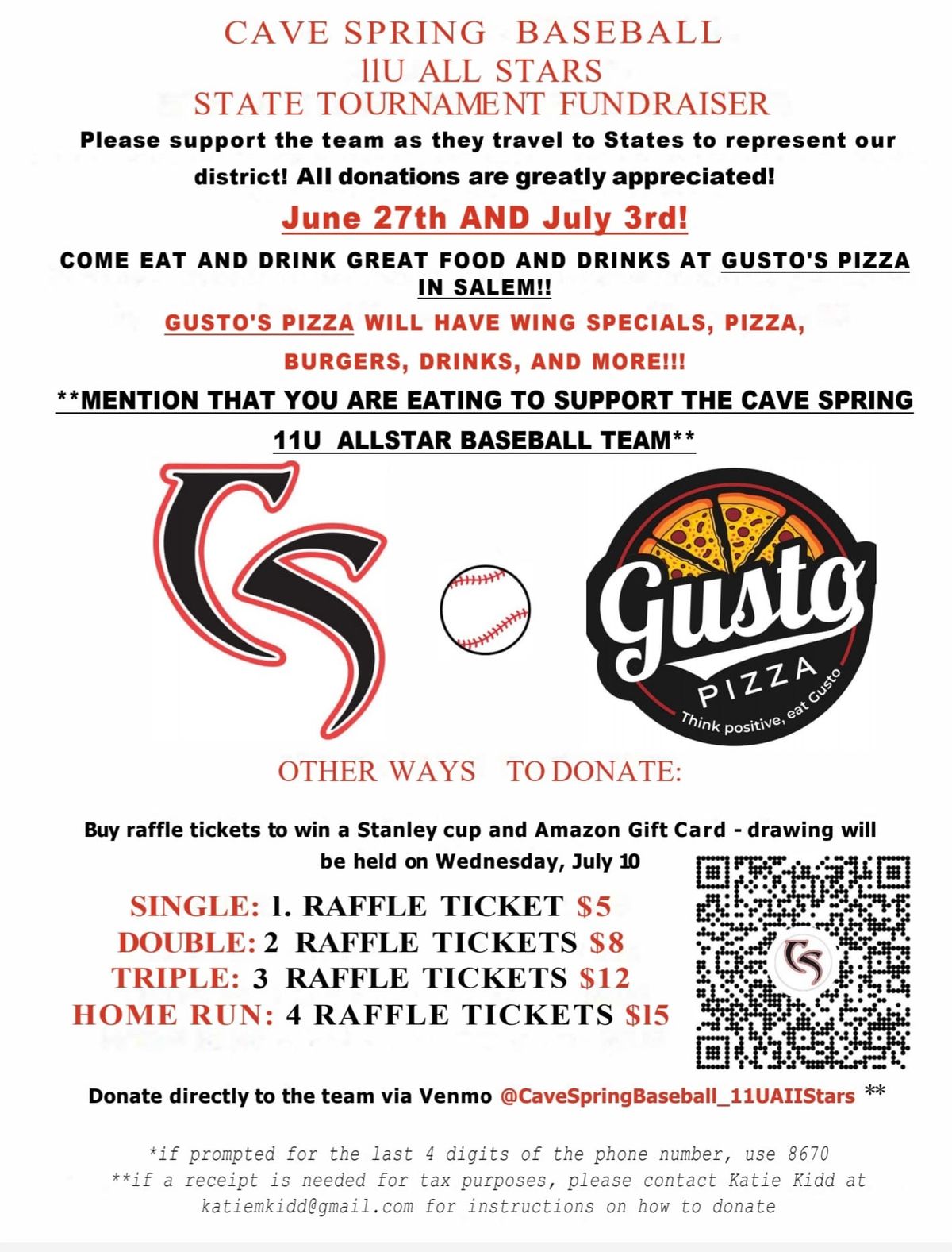 Gusto's pizza night for the Cave Spring 11u Allstar baseball team