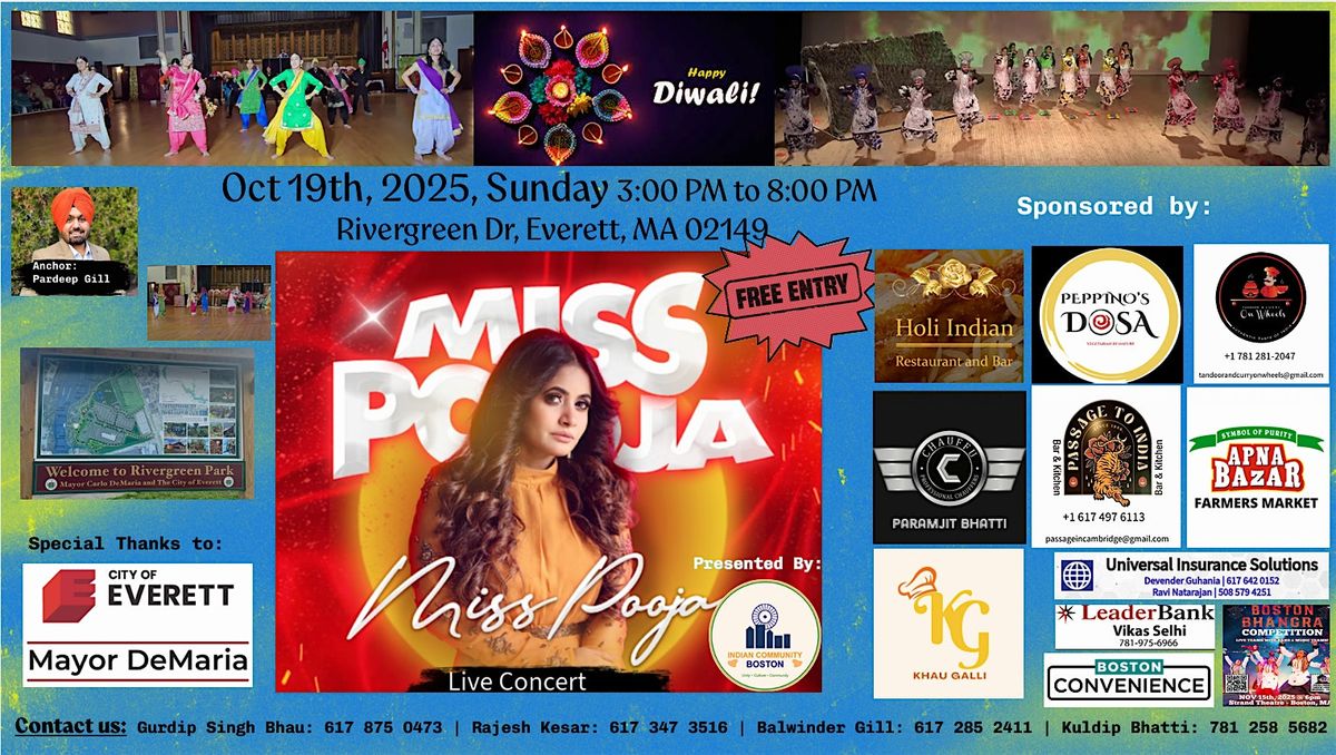 Boston Diwali Mela 2025 \u2013 Miss Pooja Live in Everett (Free Entry)