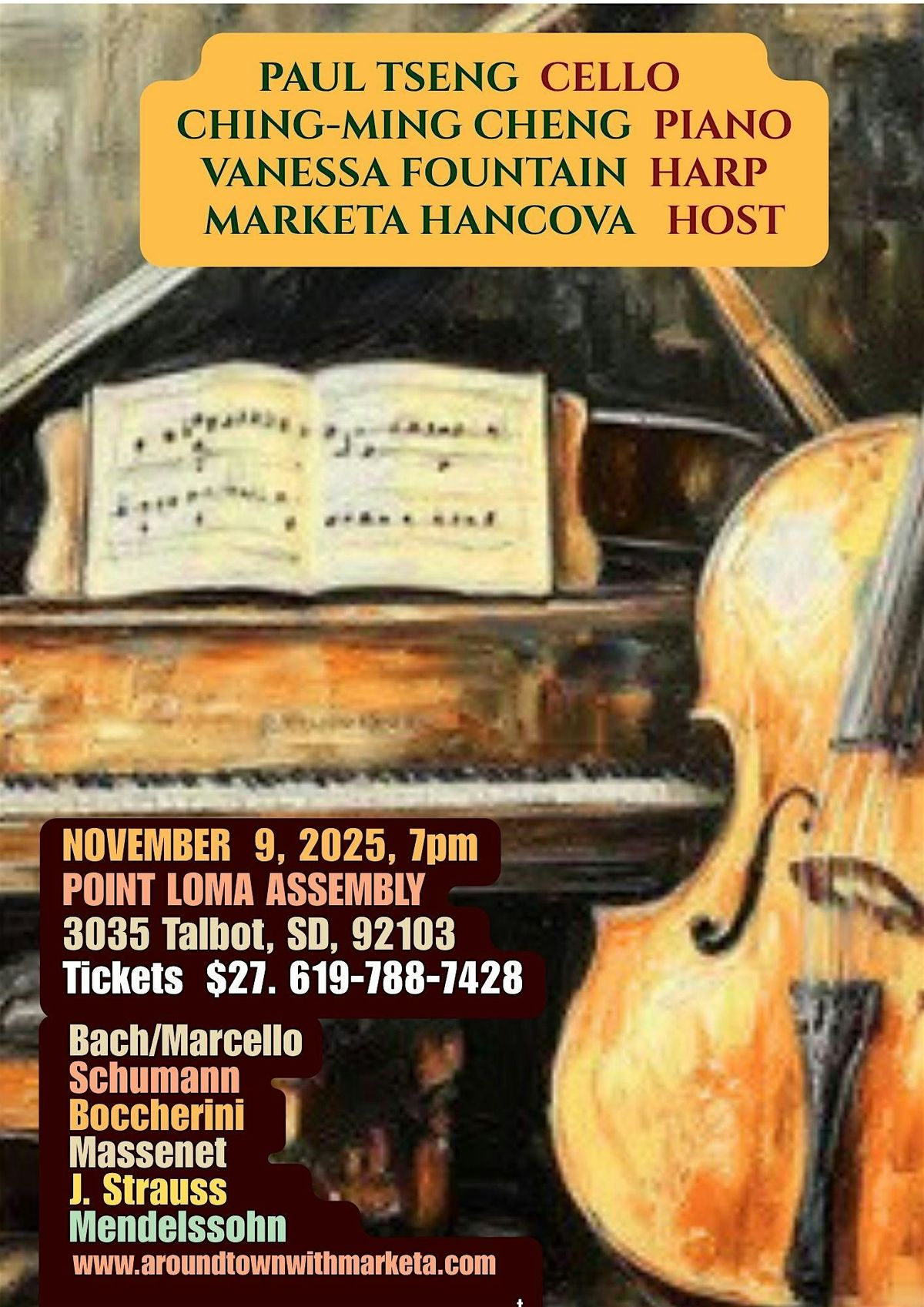 Harp, cello, piano in a beautiful  fall chamber concert!