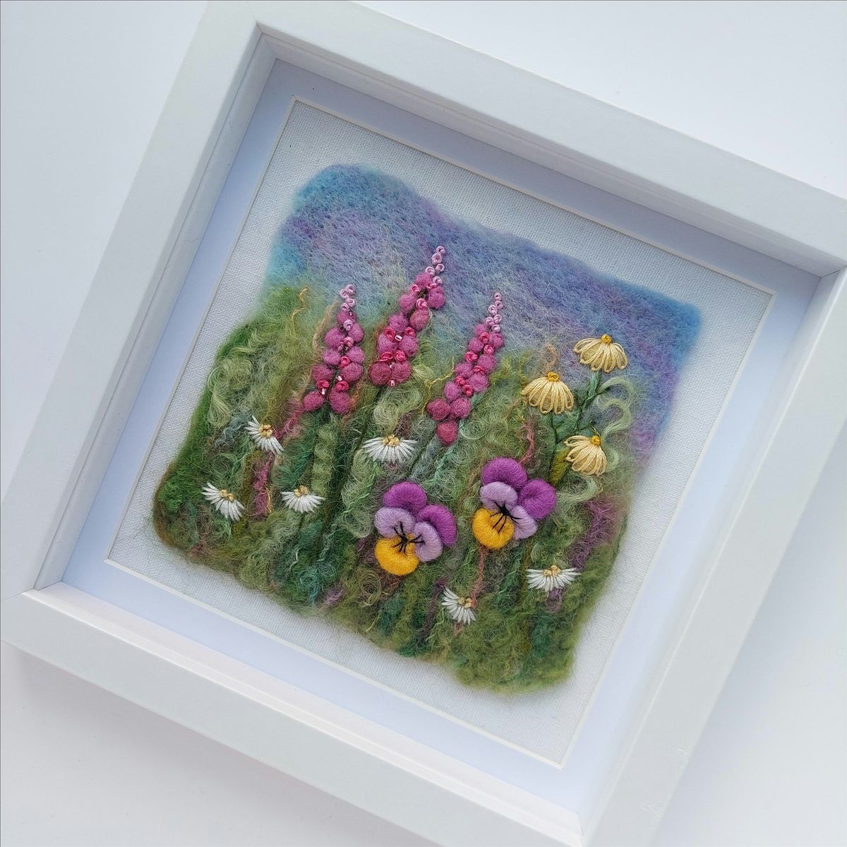 Felted floral garden and hedgerows - needle felted and embroidered picture