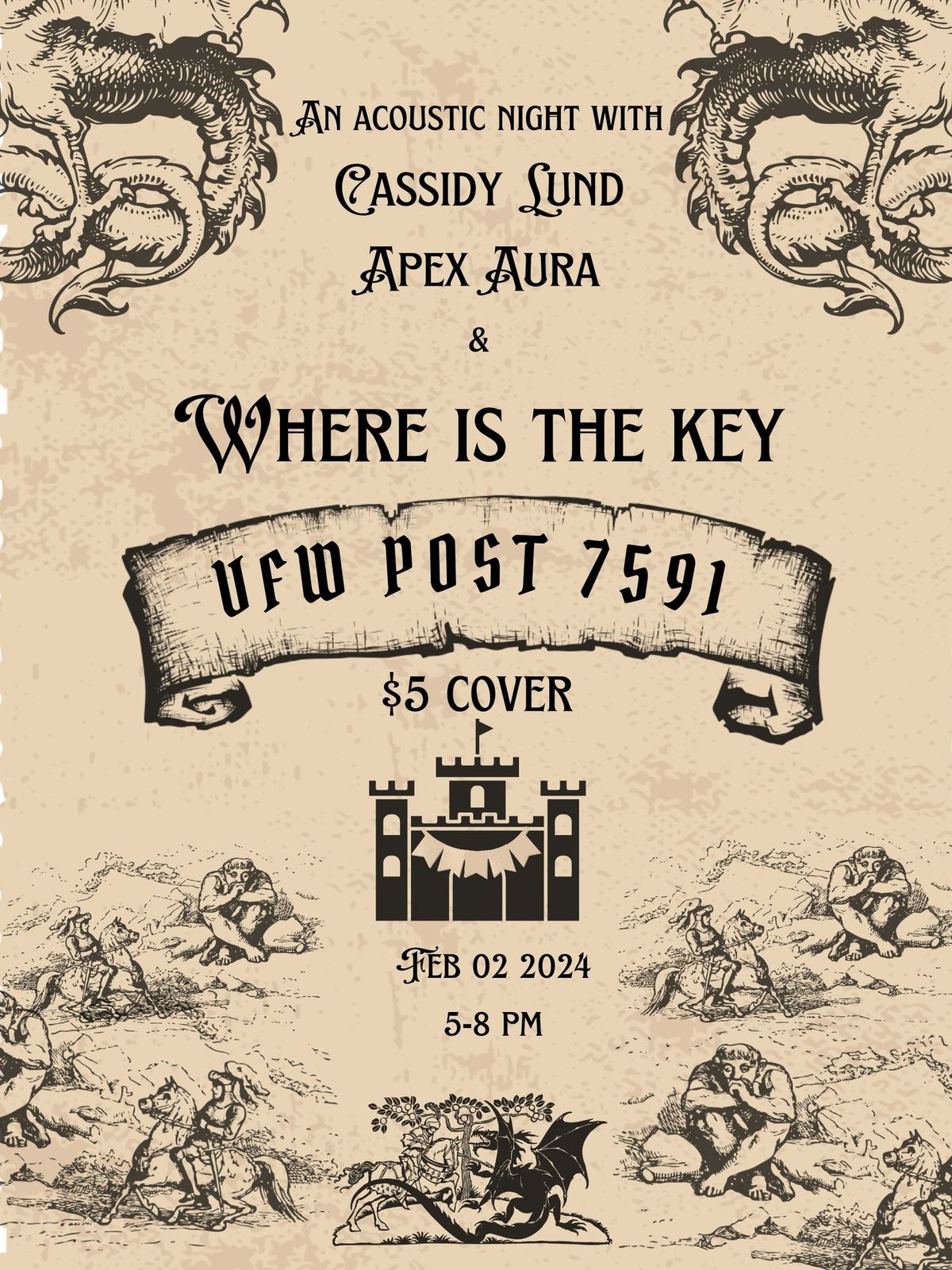 VFW POST 7591 presents an acoustic night with where is THE key,  Cassidy Lund,  and Apex Aura