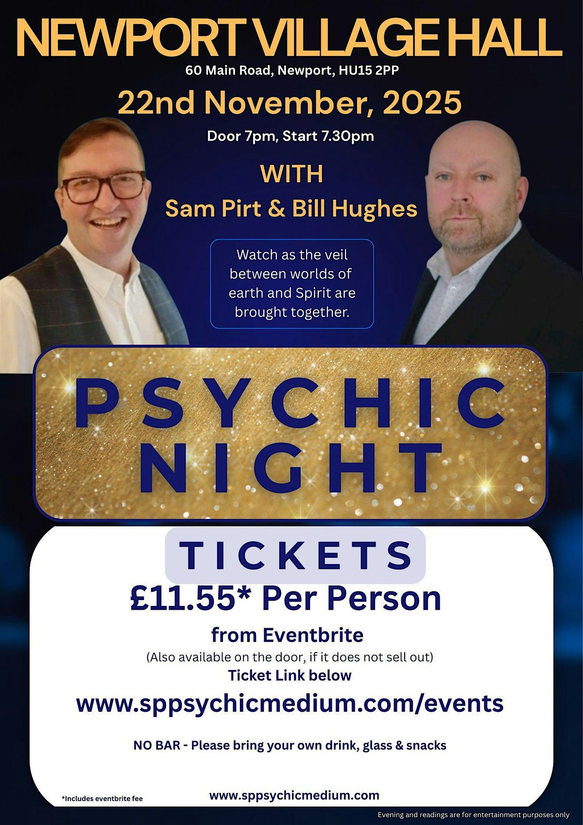 Psychic Night with Mediums  Sam Pirt & Bill Hughes  at Newport Village Hall