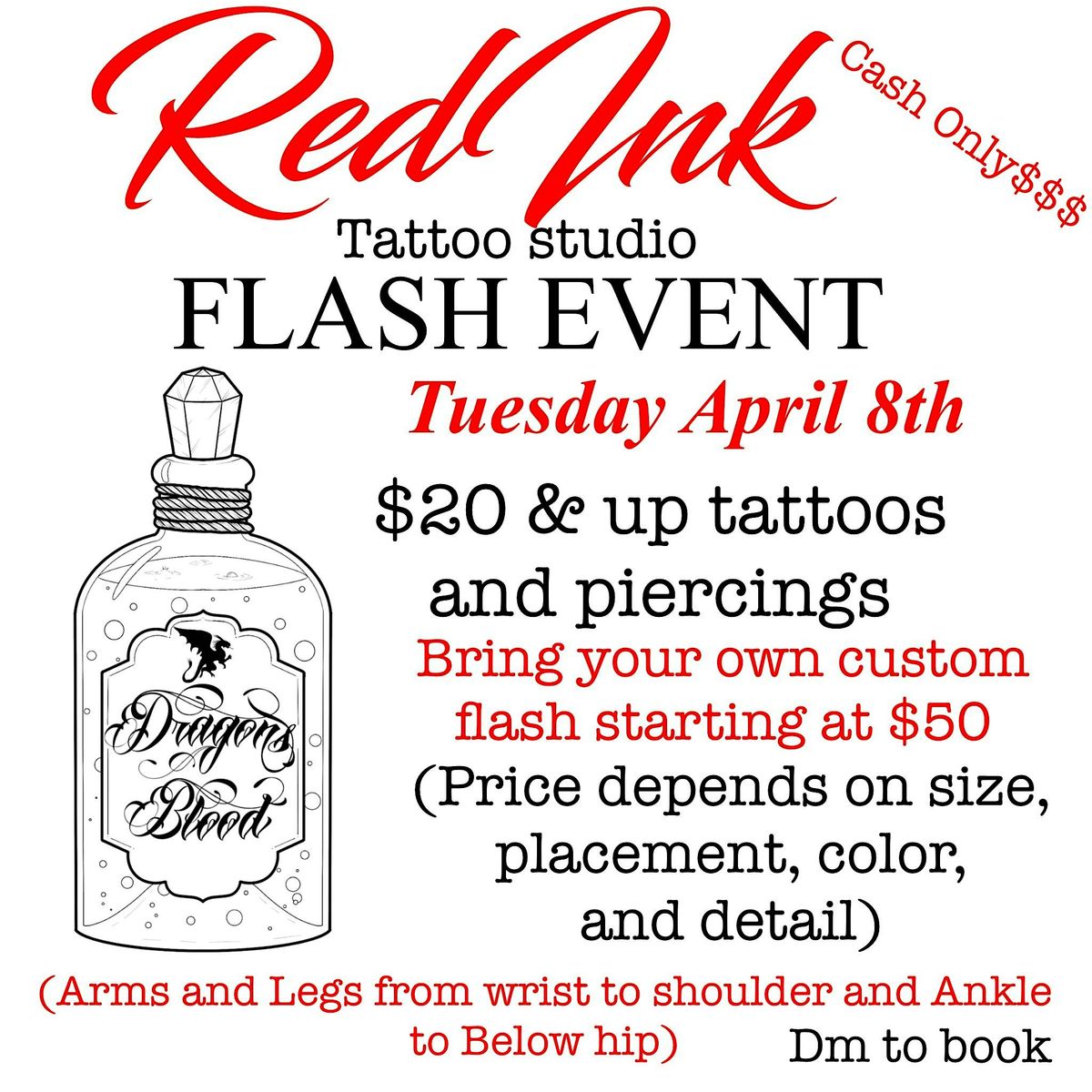 FLASH $20  AND UP TATTOOS AND PIERCINGS APRIL 8TH