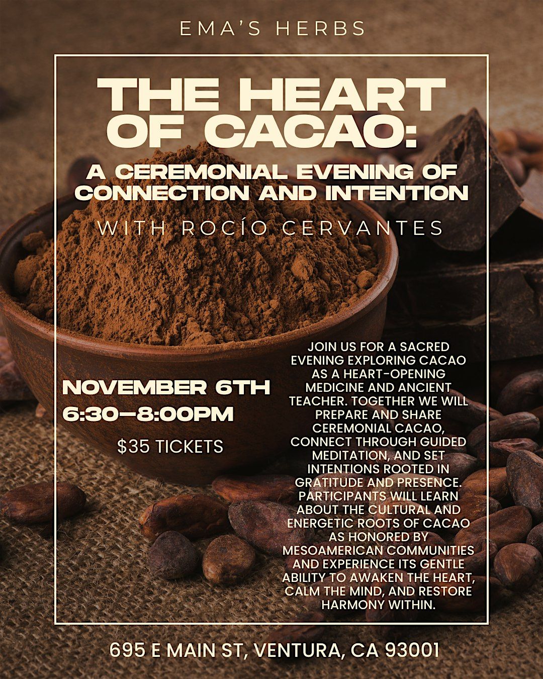 The Heart of Cacao: A Ceremonial Evening of Connection & Intention w\/ Roc\u00edo