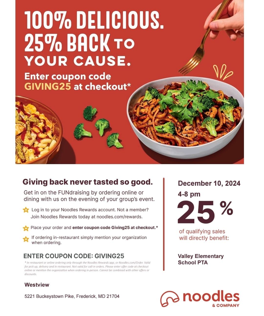 Noodles & Company \ud83c\udf5c               Valley ES Spirit Night! 