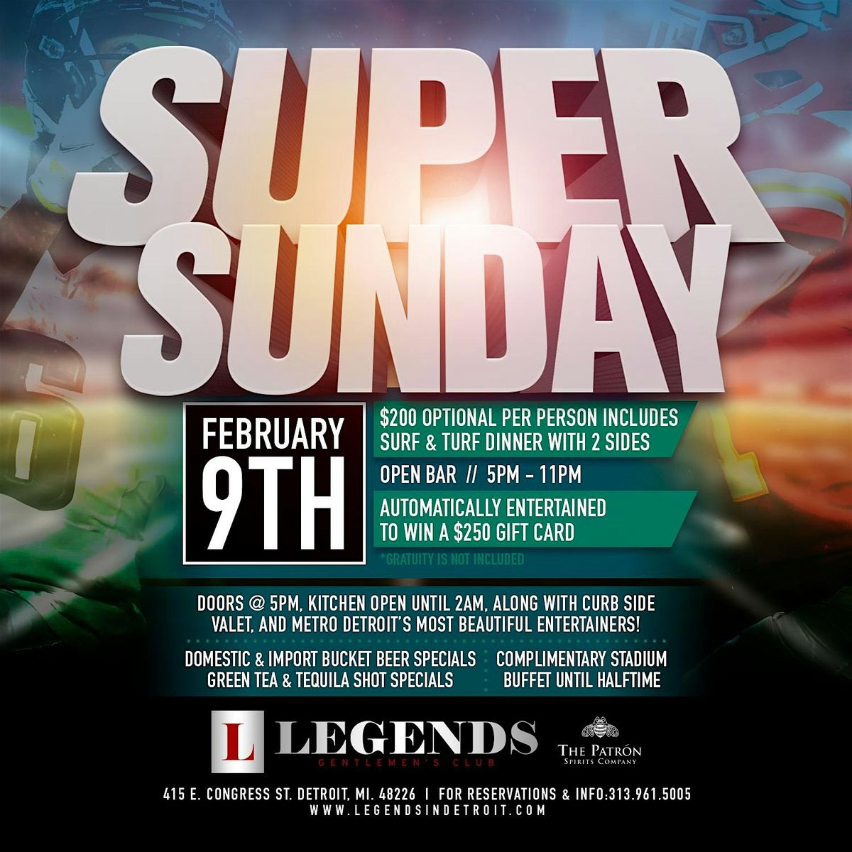 Super Sunday with Complimentary Stadium Buffet at Michigan's Premier venue!