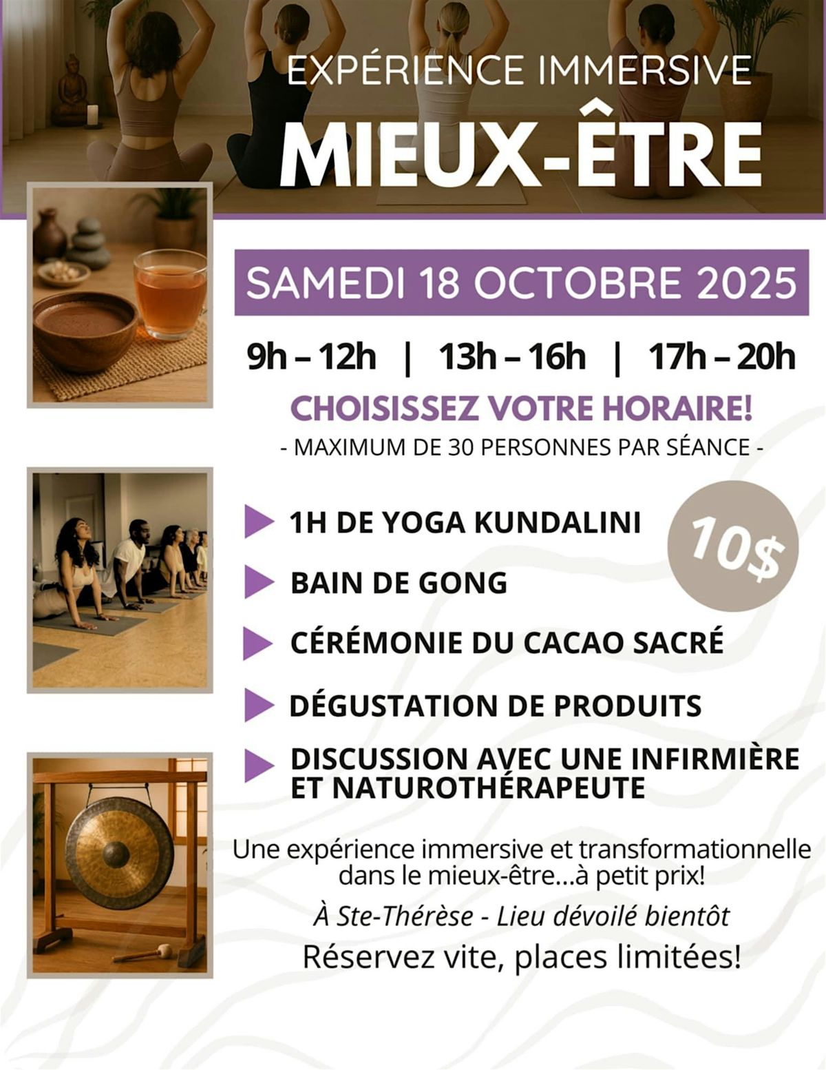 Exp\u00e9rience Immersive Cacao, Gong et Yoga.
