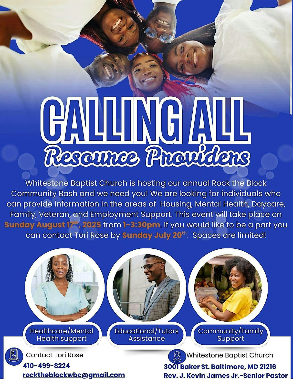 RESOURCE PROVIDERS WANTED-- FOR "ROCK THE BLOCK" WITH WHITESTONE BAPTIST