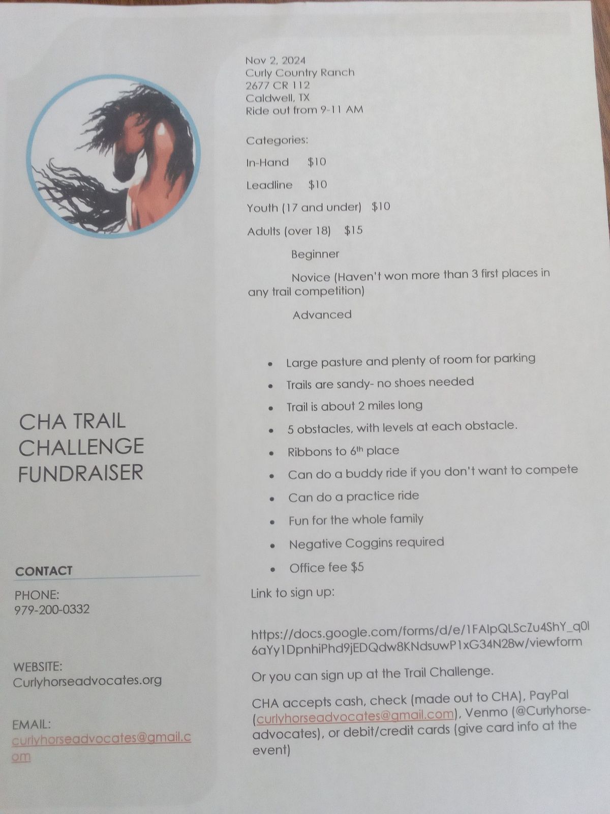 Curly Horse Advocates fundraiser Trail Challenge!