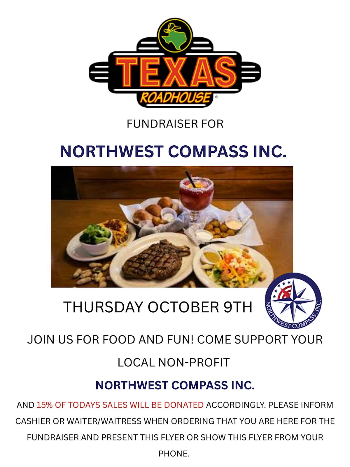Dine Out & Give Back at Texas Roadhouse - Benefitting Northwest Compass Inc