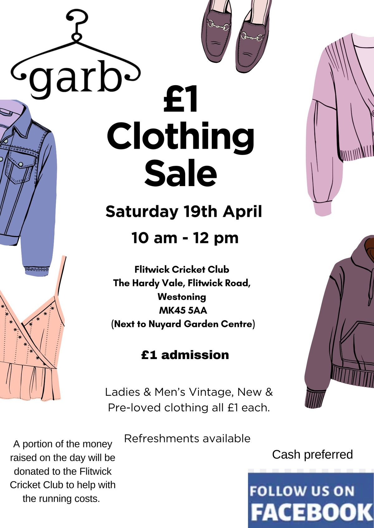 \u00a31 Men, Ladies & Children Clothing event at Flitwick Cricket Club 