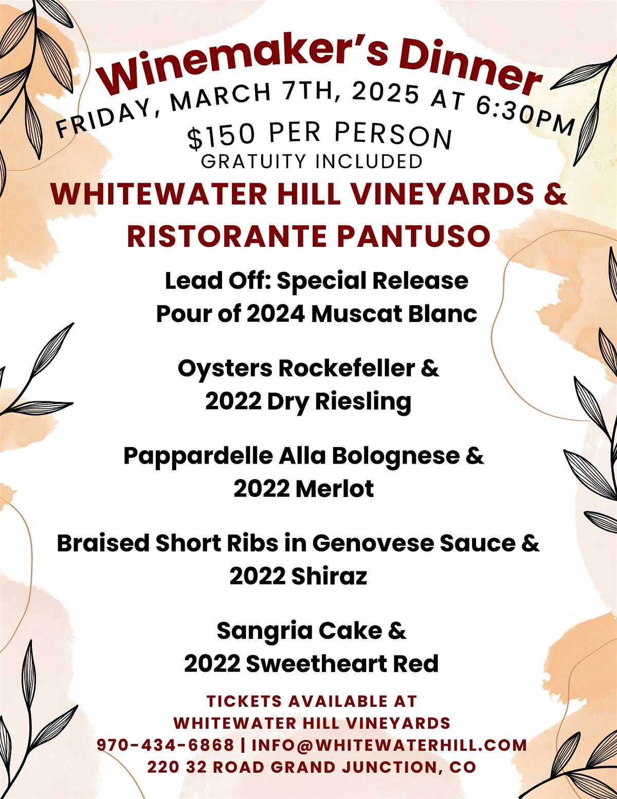 Winemaker's Dinner with Whitewater Hill Vineyards & Ristorante Pantuso