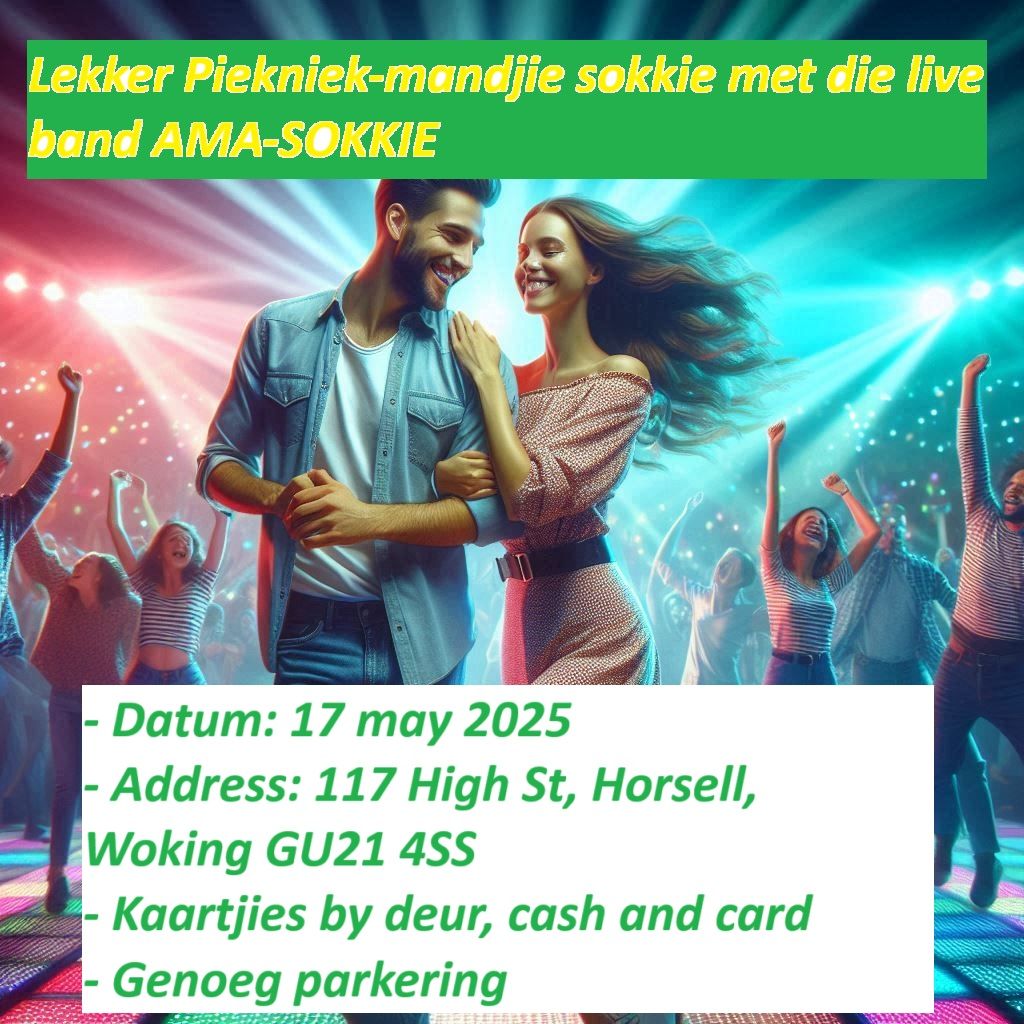 Picnic-mandjie sokkie in Woking. You bring your mandjie vol goodies en ons gooi die Saffa tunes!