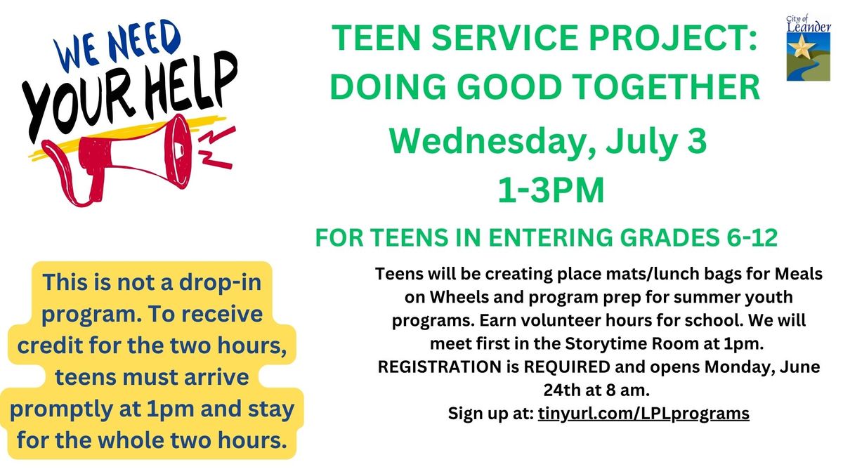 Teen Service Project Program (Pre-registration is REQUIRED)