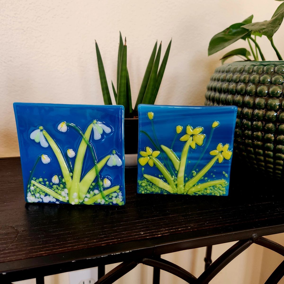 Fused Glass Spring Flowers Tea Light Holder