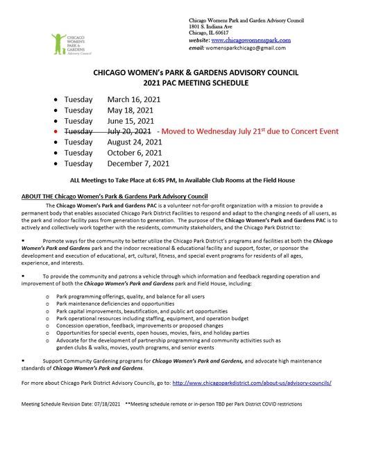 July 21st Chicago Women's Park & Gardens Park Advisory Council (PAC) Meeting via zoom