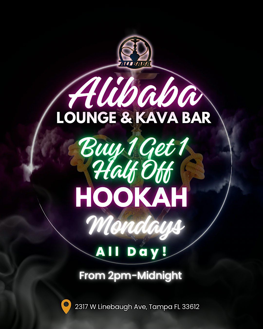 Buy 1 Get 1 Half Off Hookah Mondays at Alibaba Lounge & Kava Bar!