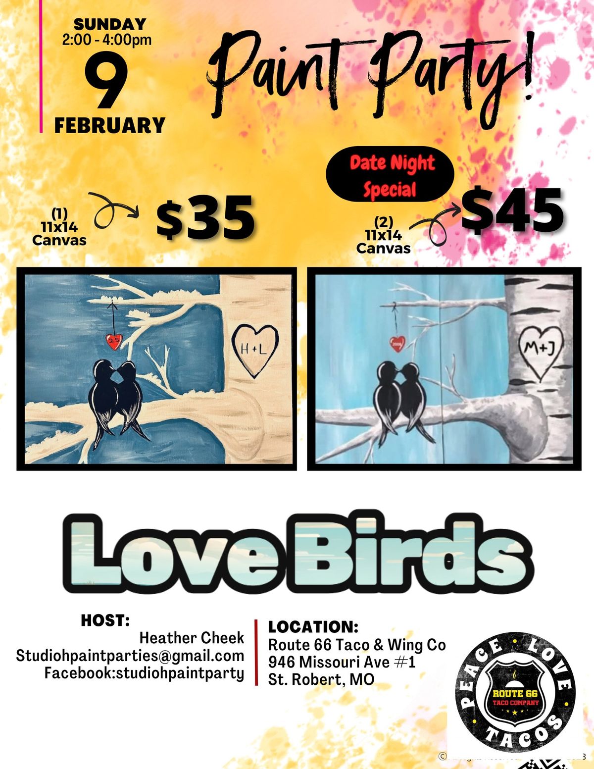 "Love Birds" Paint Party @ Route 66 Taco & Wing Co.