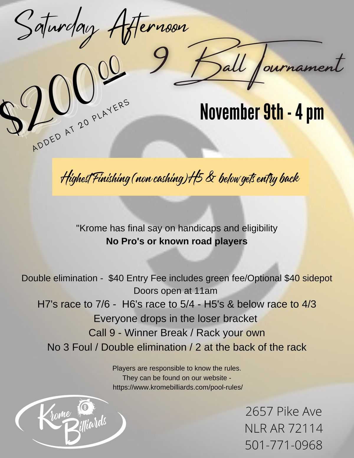 Afternoon handicapped 9 Ball Tournament - $200 added at 20 players