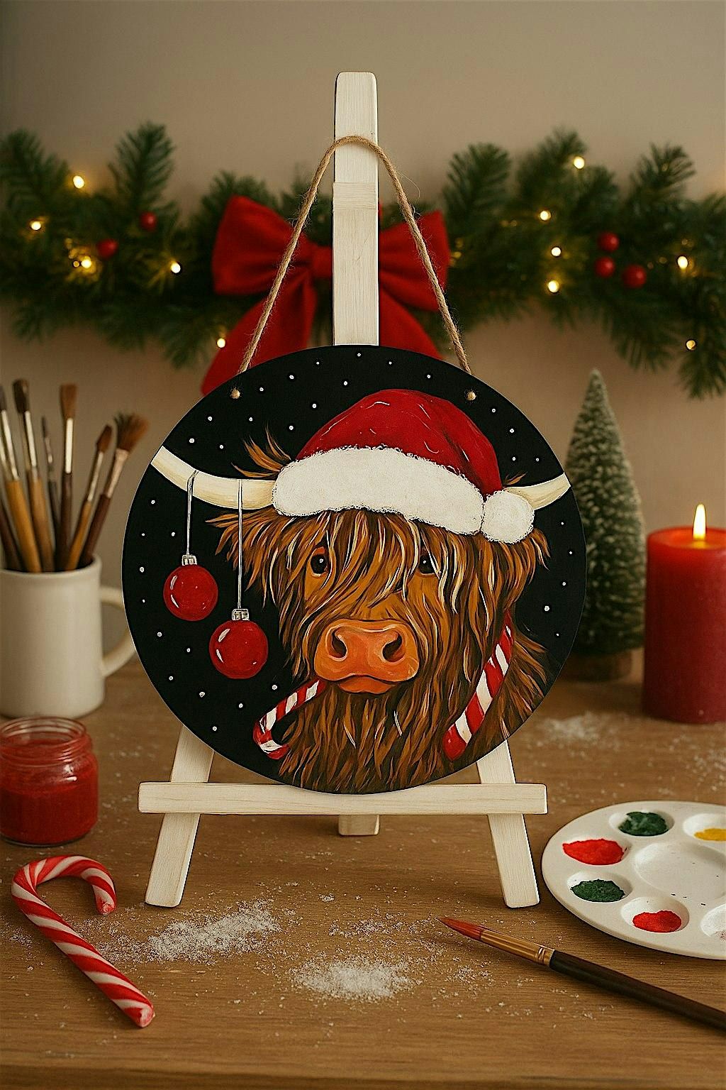 Holiday Crafting: Christmas Highland Cow Wooden Round Decorative Signs