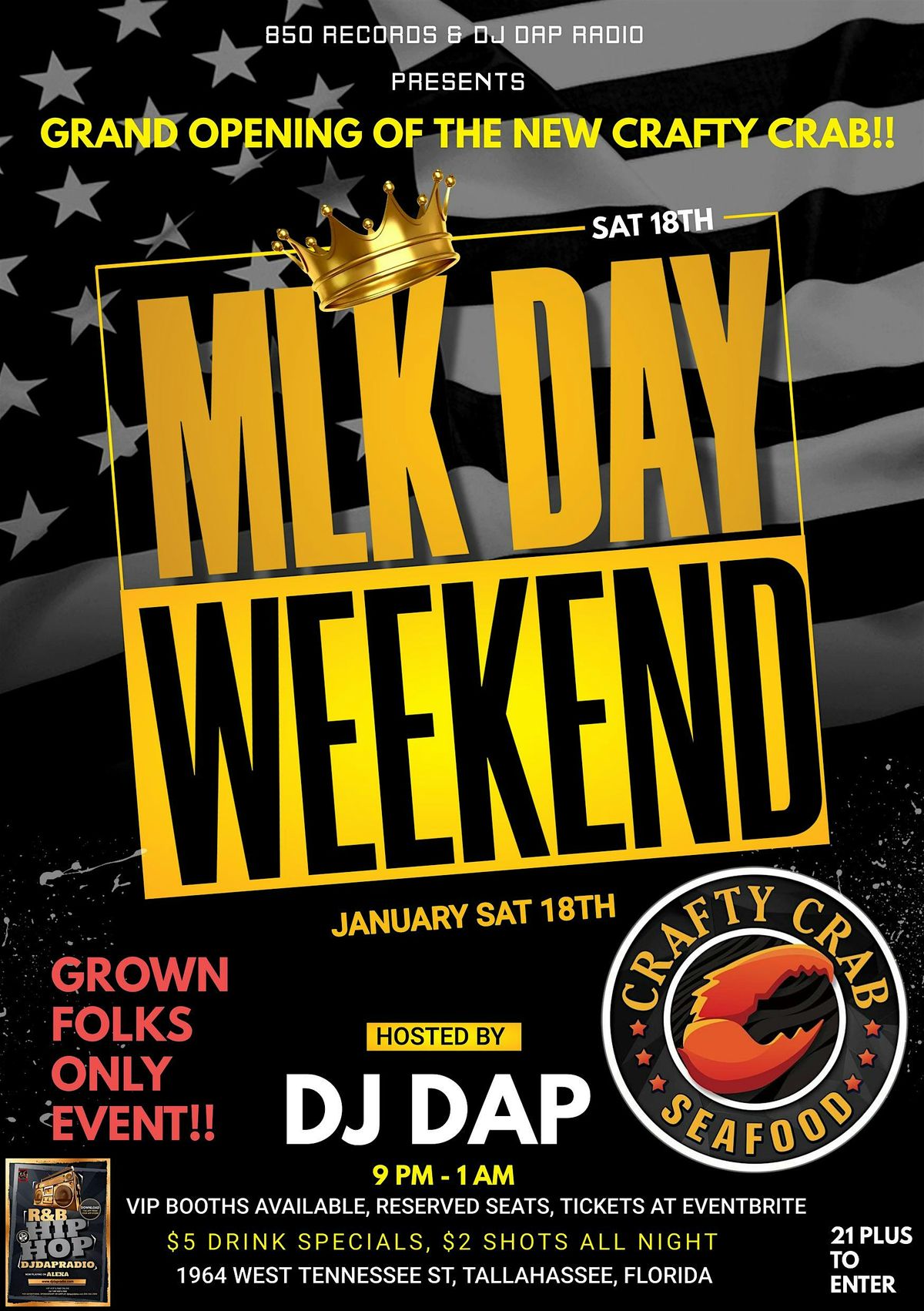 MLK WEEKEND GRAND OPENING PARTY AT THE ALL NEW CRAFTY CRAB