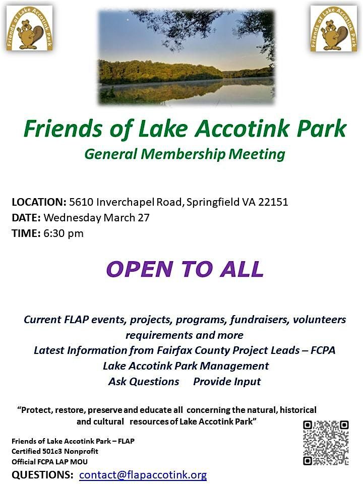 Friends of Lake Accotink Park 2nd Qtr General Membership Meeting