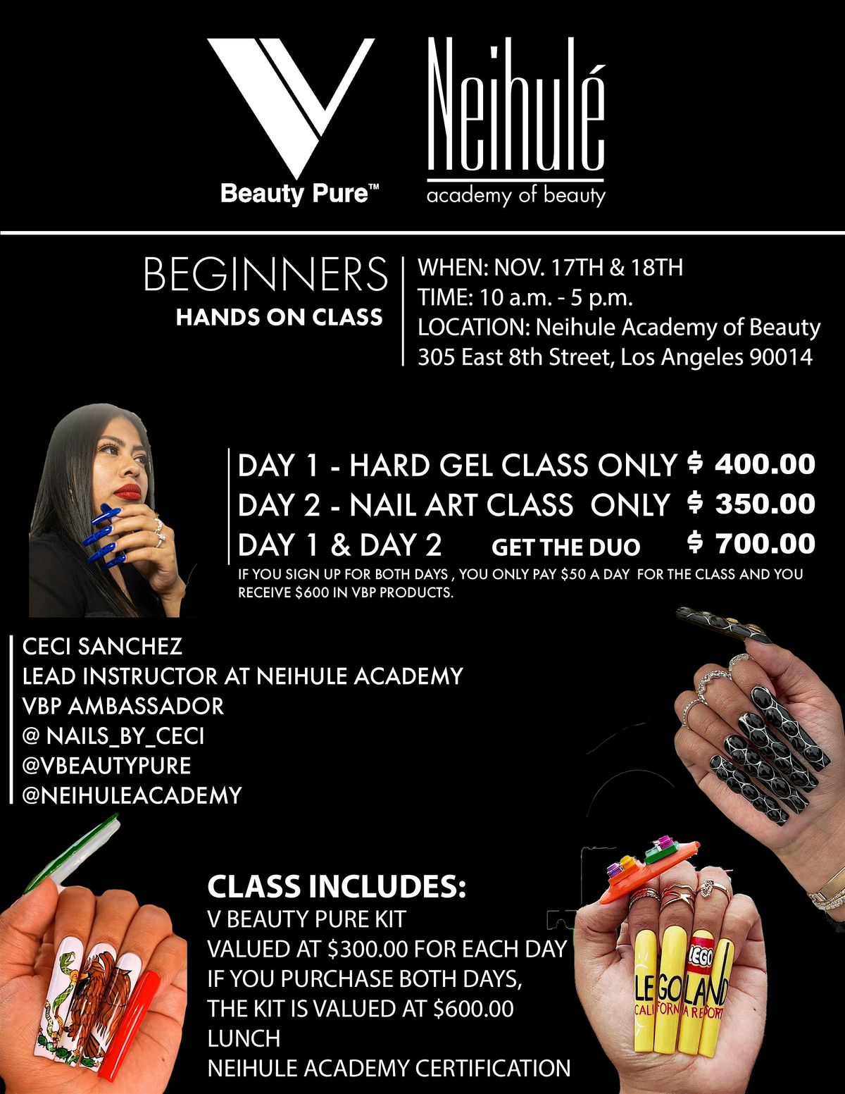 The Duo: Day 1 & 2 Beginner Hard Gel & Nail Art Class Includes $600 kit