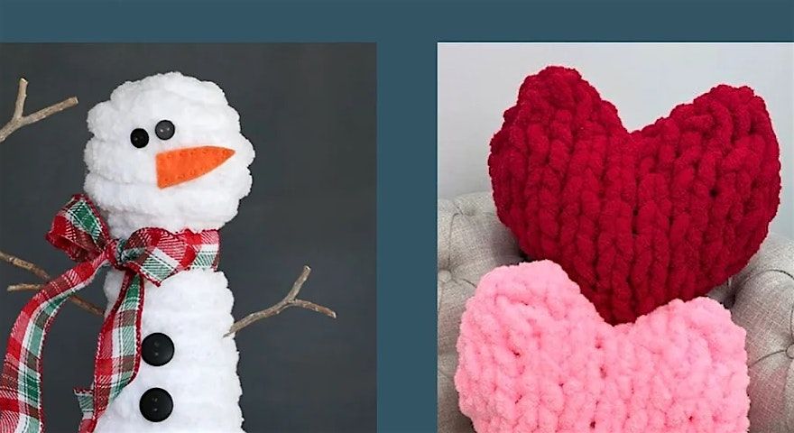 Finger Knit Heart Pillows & Yarn Snowmen