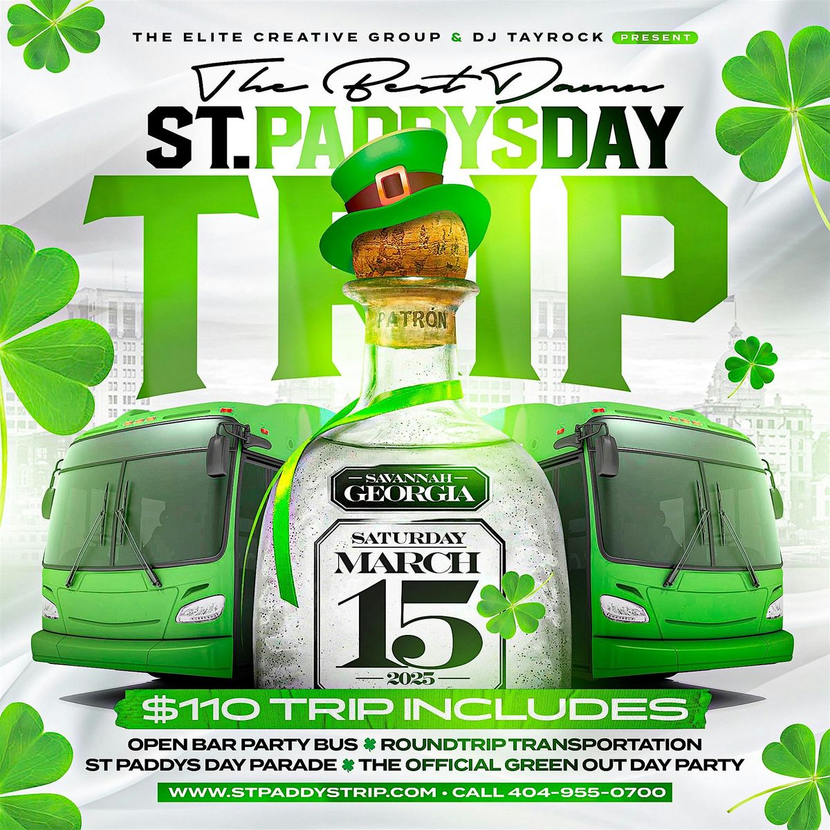 ST. PATRICK'S DAY TRIP Open Bar Party Bus to Savannah & Party in Savannah