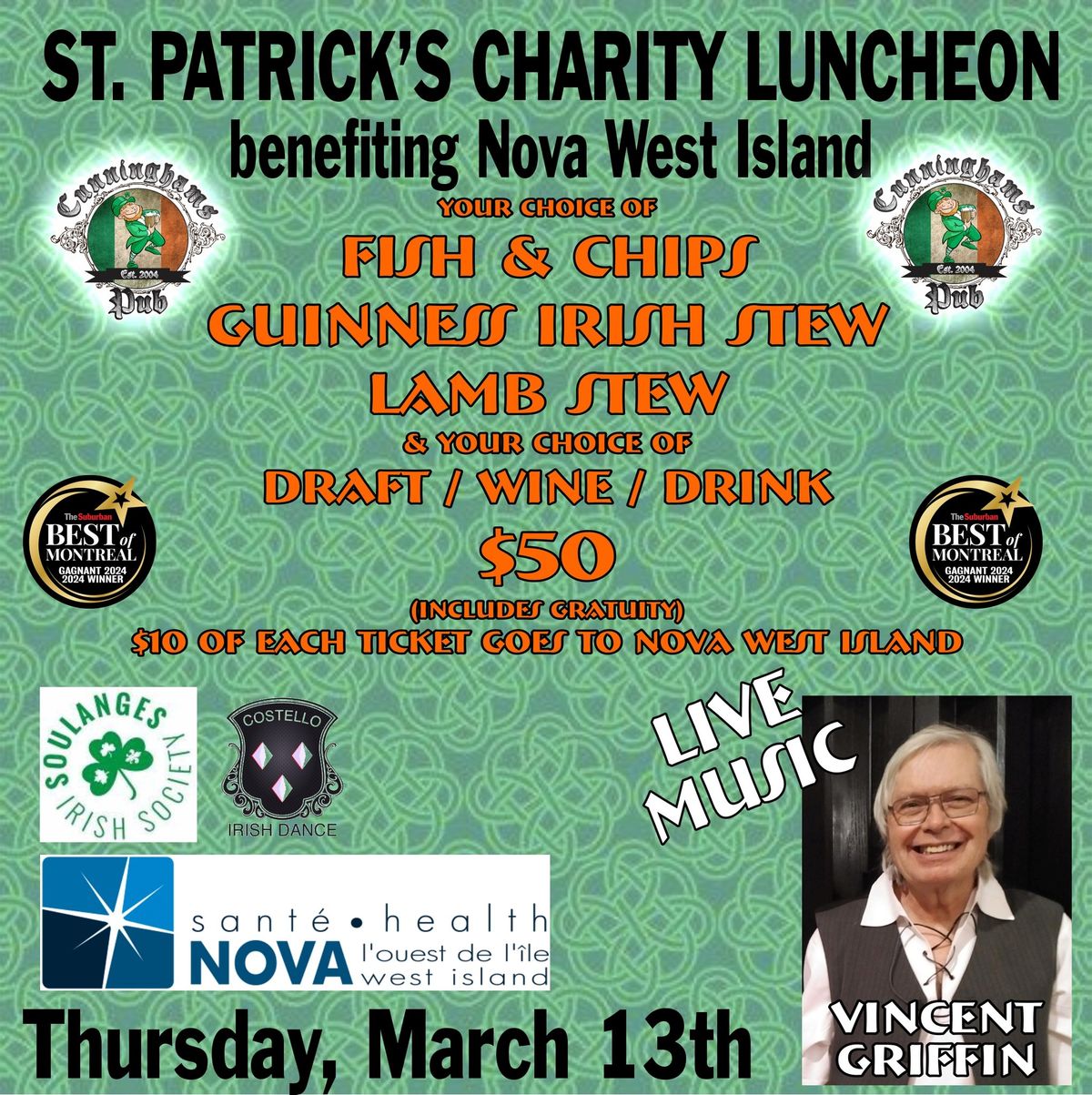 3rd Annual Irish Luncheon at Cunningham's Pub to benefit Nova west island