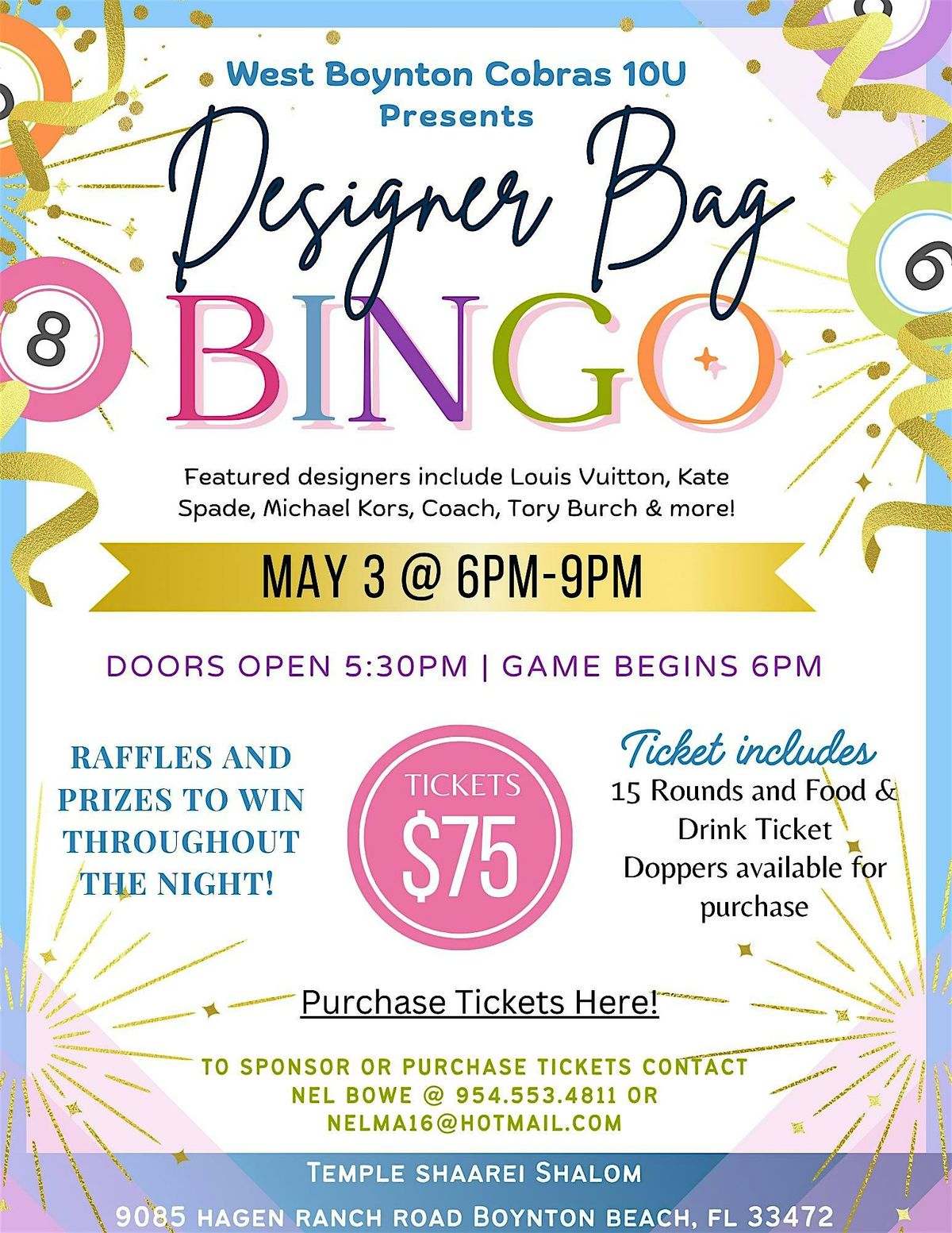 West Boynton Cobras 10U Designer Bag Bingo