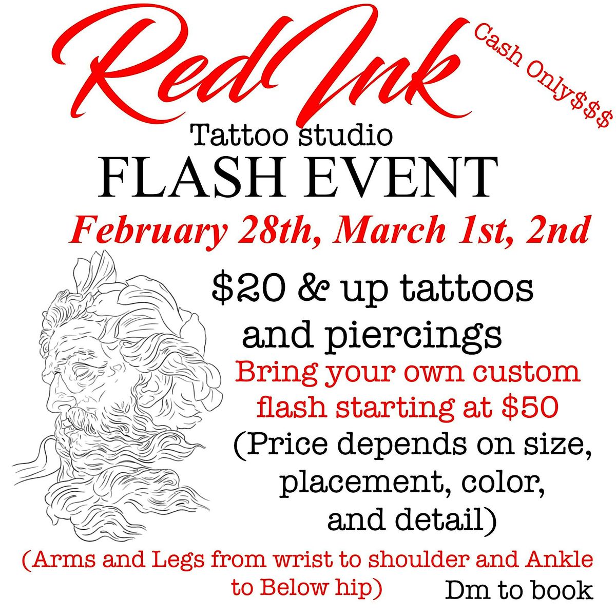 FLASH $20  AND UP TATTOOS AND PIERCINGS FEBRUARY 28TH, MARCH 1ST, AND 2ND