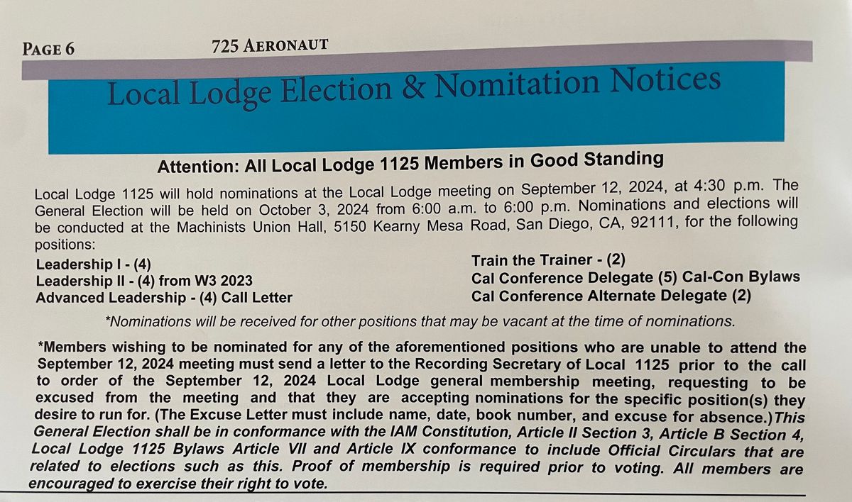 IAM Local 1125 Nominations and Election