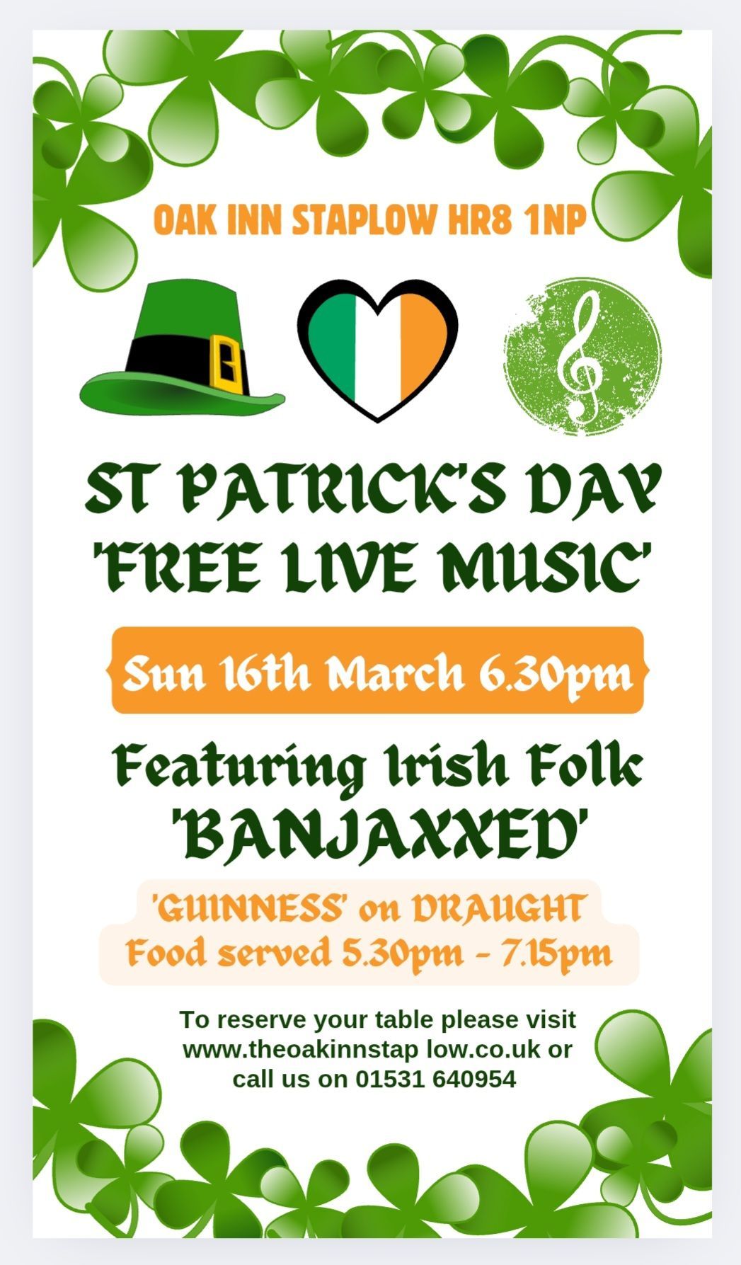 ST PATRICK'S DAY - FREE LIVE MUSIC on Sun 16th March at 6.30pm - featuring 'BANJAXXED'