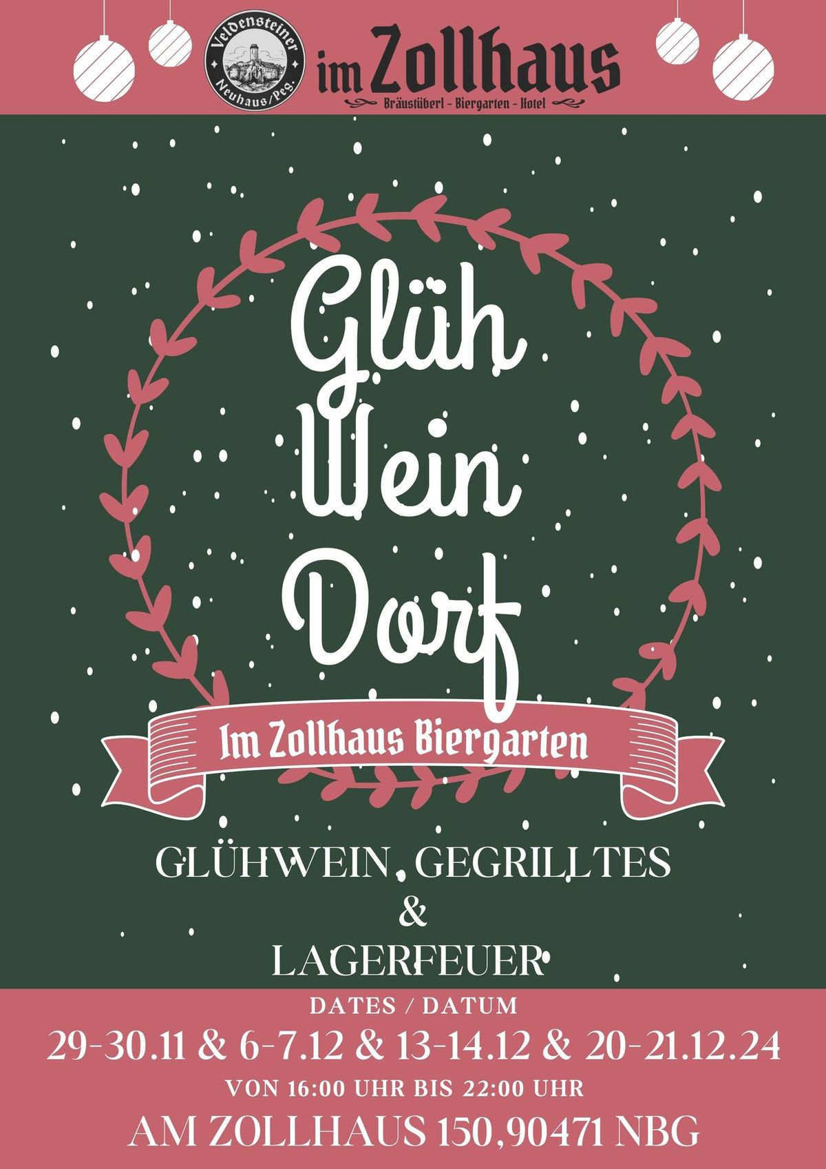 Gl\u00fchweindorf im weihnachtlichen Zollhaus Biergarten