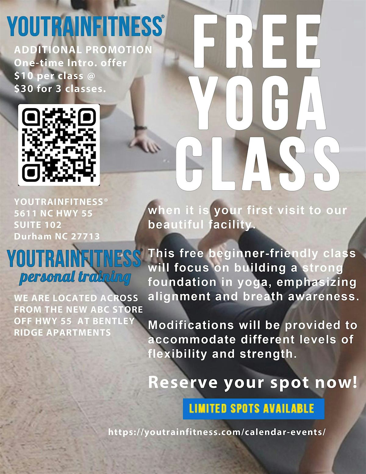 Free Yoga Class at YOUTRAINFITNESS Personal Training & Yoga - Jan 2025