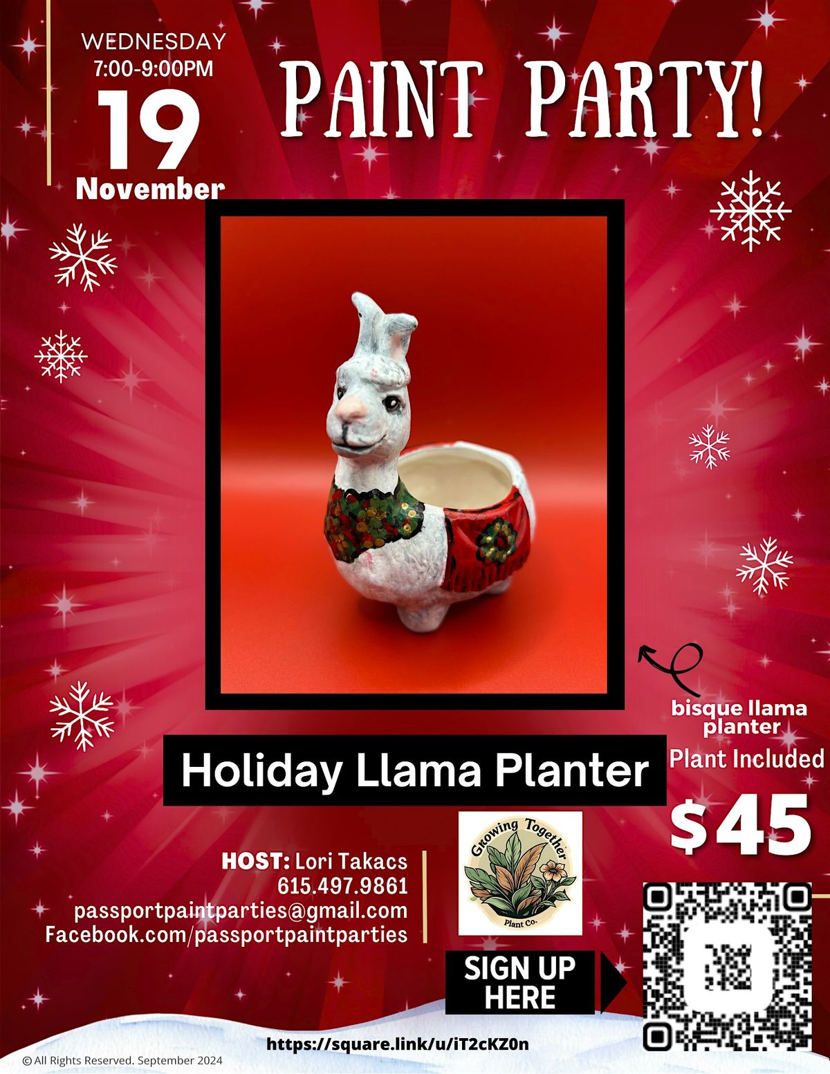 11.19.25 Llama Planter Paint and Sip at Growing Together Plant Company