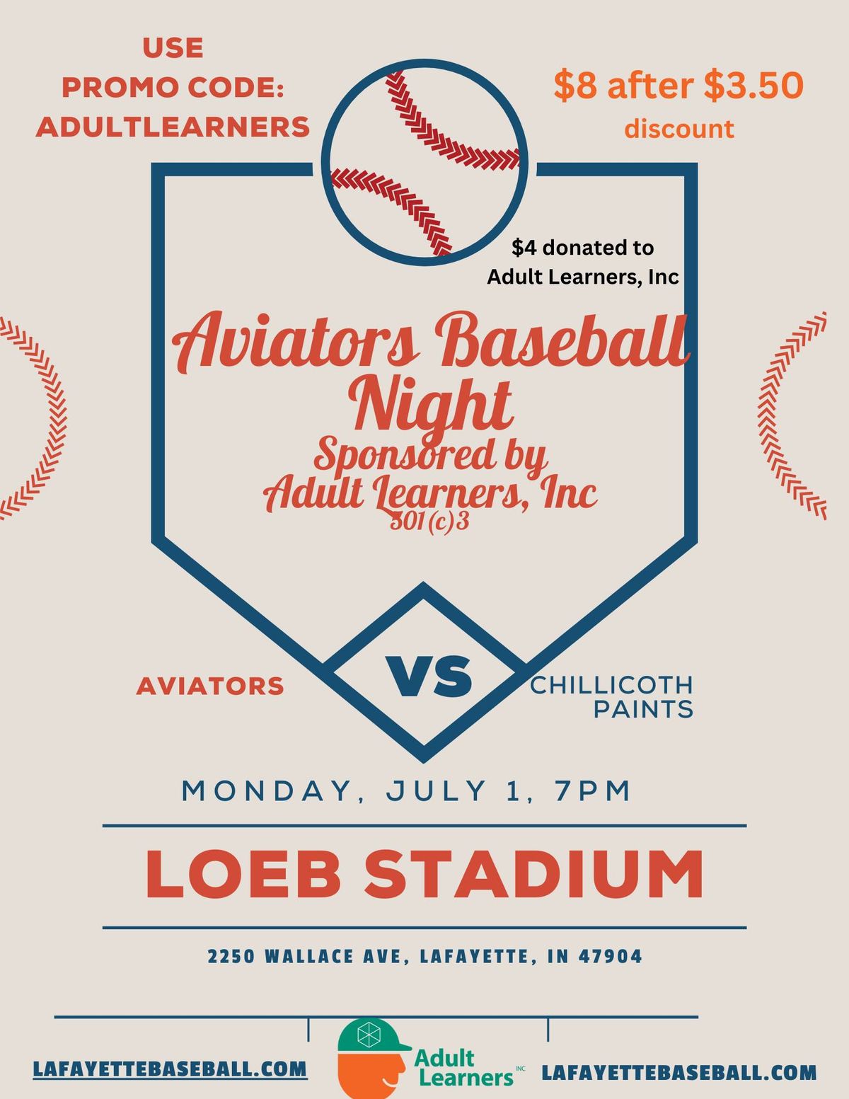 Aviators Baseball Night with Adult Learners, Inc