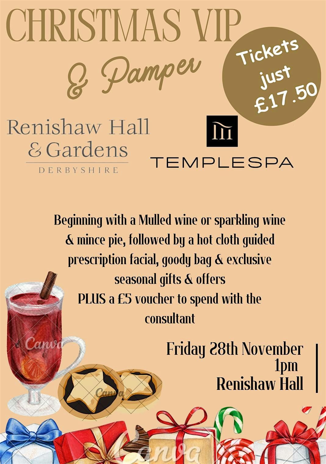 Renishaw Hall Christmas Prosecco & Pamper November 28th