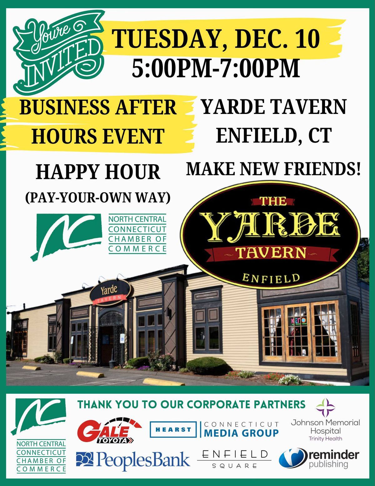 NCCCC Business After Hours YARDE TAVERN Enfield - Holiday Happy Hour! (Pay-Your-Own-Way)