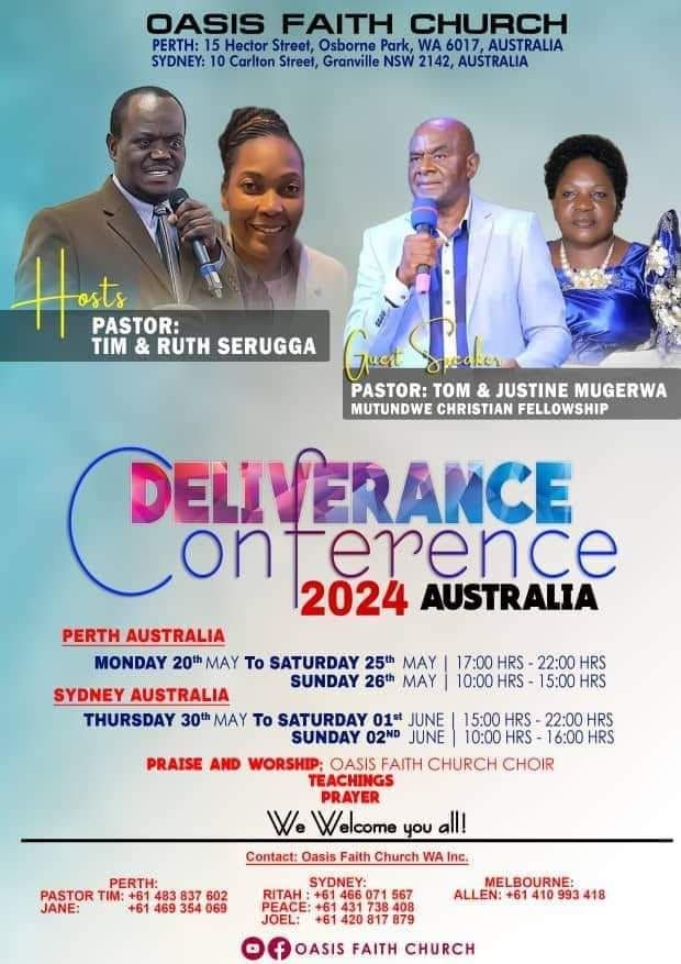 Deliverance Conference 2024. Perth Australia with Pastor Tom Mugerwa and Pastor Justine Mugerwa