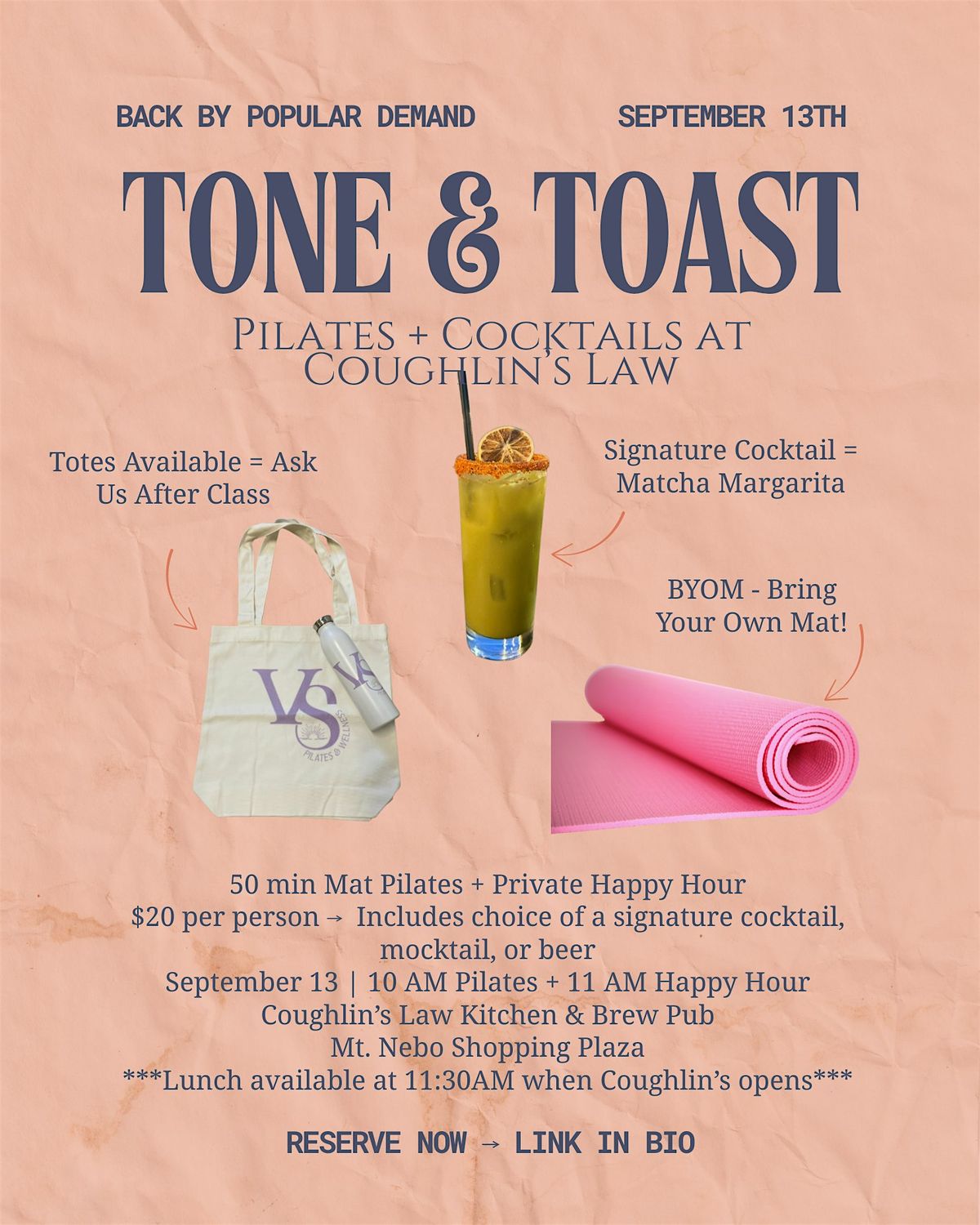 TONE & TOAST II: Pilates + Happy Hour at Coughlin\u2019s
