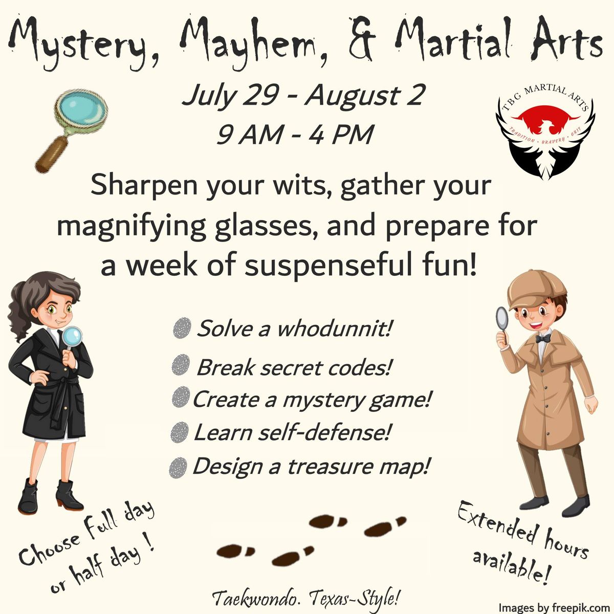Mystery, Mayhem, and Martial Arts Summer Camp for ages 4-14