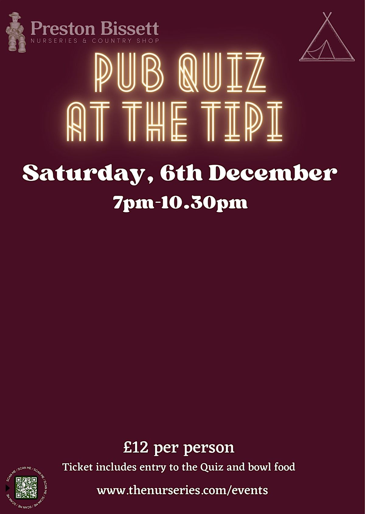 CHRISTMAS PUB QUIZ AT THE TIPI SATURDAY 6th DECEMBER 2025, 7pm-10.30pm