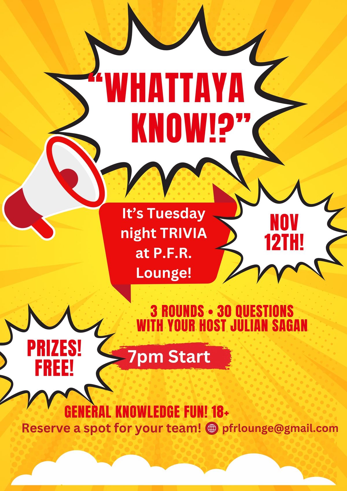 "Whattaya Know!?" Trivia at P.F.R. Lounge!